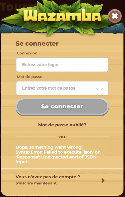 Inlogscherm voor Wazamba Casino in het Frans, met velden voor gebruikersnaam en wachtwoord. Er verschijnt een foutmelding: Oeps, er ging iets mis: SyntaxError: Mislukt bij het uitvoeren van json op Response...