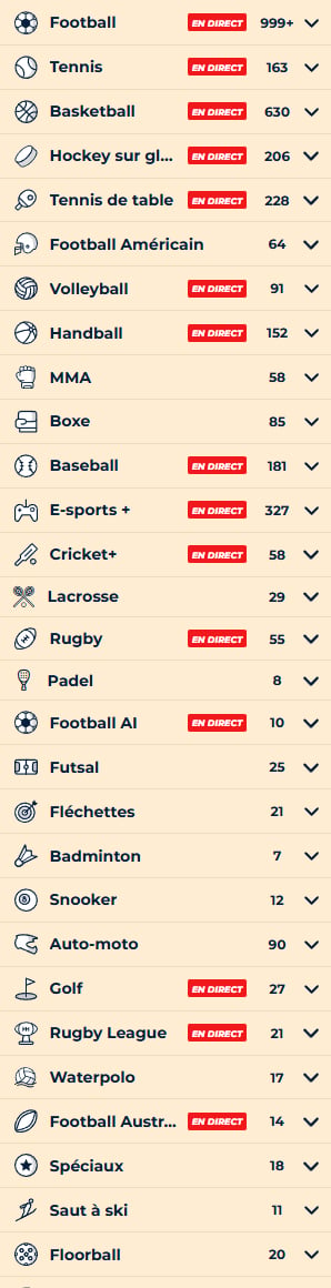 Een verticale lijst met sportcategorieën op een beige achtergrond bij Wazamba Casino, met pictogrammen, namen en live evenementnummers voor voetbal, tennis, basketbal, volleybal, MMA, rugby en meer. Sommige categorieën zijn NL DIRECT gelabeld.
