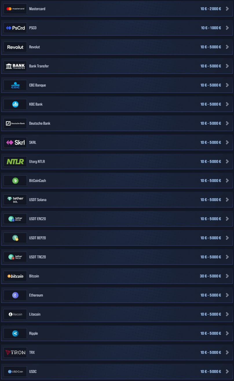 Métodos de pago de VegasHero Casino