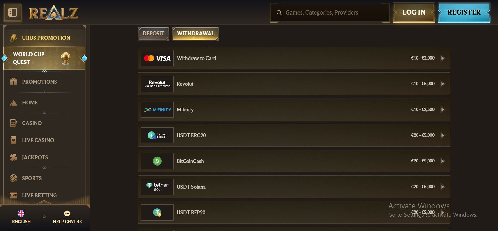 retiros en realz casino