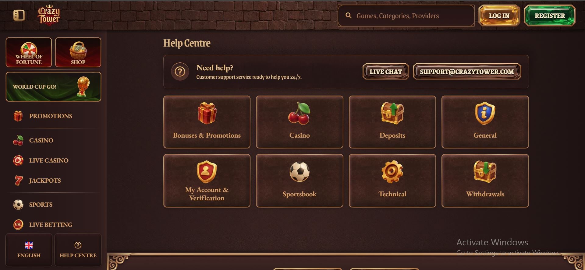 crazy tower casino help centre