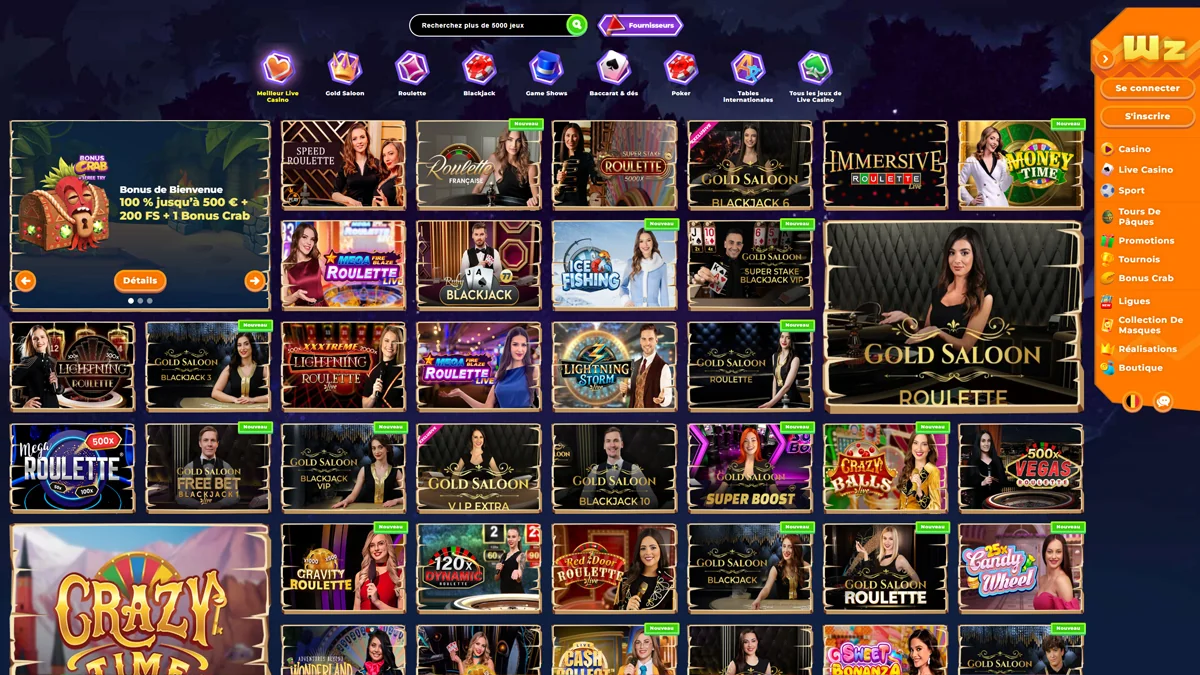 Screenshot van de Wazamba Casino website met verschillende live casinospellen, waaronder roulette, blackjack en poker, met spelminiaturen, live dealerafbeeldingen en navigatiemenu's bovenaan en aan de zijkanten.